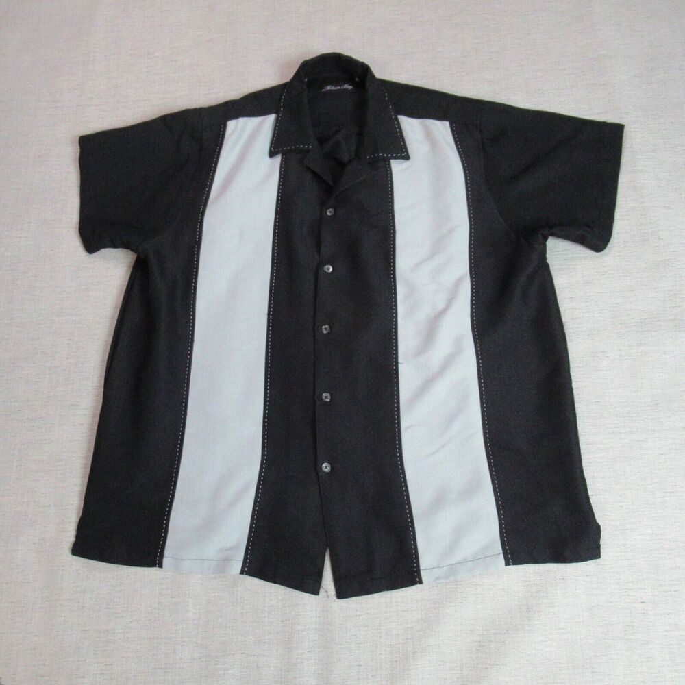 Milano Bay Shirt Mens XL Black Blue Bowling Button Up Short Sleeve Beach Lounge